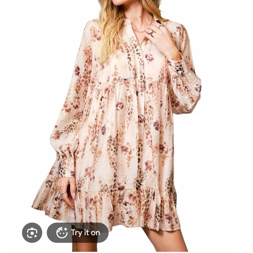 Blue b floral leopard long sleeve mini dress boho chic party fall bubble sleeve